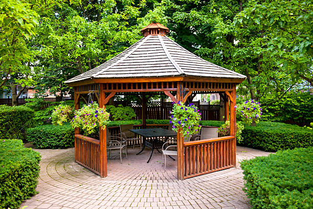 Gazebo in landscaped garden with interlocking stone patio megrand